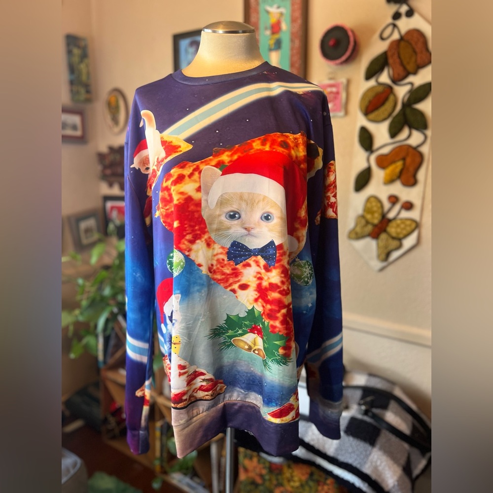 Women’s 2XL Pizza Cat Ugly Christmas Sweater